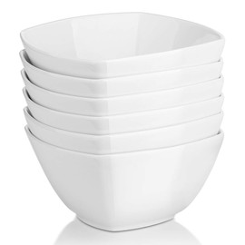 DOWAN Porcelain Soup Bowls Set of 6, 27 OZ Ceramic Square Cereal Bowls, Soft White Bowl, for Ice Cream and Dessert Snack, Wedding Party Gift, Microwave Safe Bowl