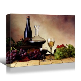Looife Kitchen Still Life Canvas Wall Art, 18x12 Inch Vintage Wine Bottle with Grapes Picture Prints Wall Decor, Food Art Deco for Dining Room and Bar Wall Decoration