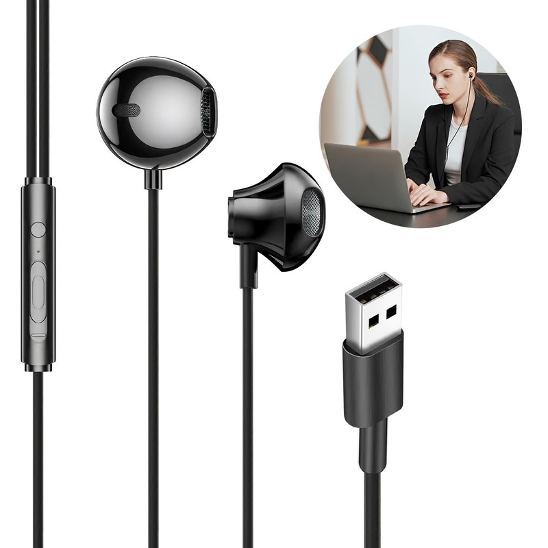 Quwem USB Earphones for PC with Microphone,2.5m Computer Headphones with