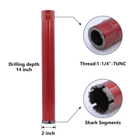 RDT 2" Laser-Welded Diamond Core Drill Bit - 14" Drilling Depth, 1-1/4"-7 Thread. Ideal for Wet Drilling in Reinforced Concrete, Brick and Block.