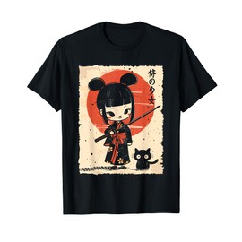 Cute Kawaii Samurai Girl with Katana & Cat Japanese Anime T-Shirt