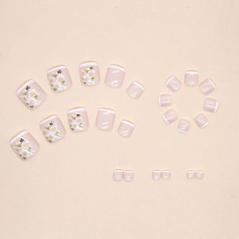 French Tip Press on Toenails, Short Fake Toenails Flower False Toenails with Leaves Designs White Toenail Tip Nude Pink Acrylic Toenails Spring Summer Stick on Toenails Full Cover Glue on Toenails