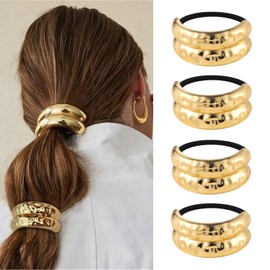 papasgix Metal Hair Ties, Metal Geometric Elastic Hair Ties, Hair Cuff Wrap Hair Ties for Thick Hair Gold Ponytail Cuff Elastic Hair Ties for Women Hair Accessories (Gold Set 04)