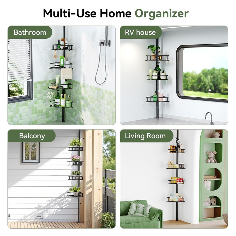 Binecer Corner Shower Caddy Tension Pole-4 Tier Adjustable Bathroom Shower
