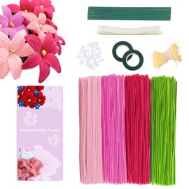 400 Pcs Pipe Cleaners Craft Set, Chenille Stems, 4 Assorted Colors Pipe Cleaners Bulk for DIY Art Flower Making with Floral Wires, Gardening Tape, Stringing Beads, Stamen& Ribbon
