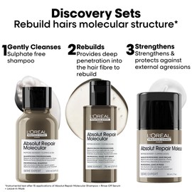 L'Oréal Professionnel Absolut Repair Molecular Shampoo, Rinse-Off Serum & Leave-In Treatment Mini Trio Kit, For Extremely Damaged Hair, Molecular Bond Repair & restores strength, 100ml, 75ml & 50ml