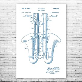 Bass Clarinet Poster Print, Music Teacher, Musician Gift, Music Class Decor, Band Director Gift, Jazz Club Art Blue & White (12 inch x 16 inch)
