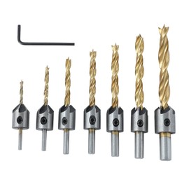 TOPWAY Countersink Drill Bit Set 8 Pieces, 3-10 mm Countersink Drill Bit for Wood, Three-Pointed High-Speed Carbon Steel Drill Countersink with L Key for Wood Drilling Woodworking 131301