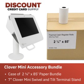 Discount Credit Card Supply Clover Mini/Clover Mini 3 7" Swivel and Tilt Terminal Stand and Thermal Paper 2 1/4" x 85' (50 Rolls) Bundle, White