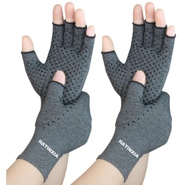 2 Pairs Arthritis Compression Gloves for Rheumatoid, Carpal Tunnel Pain, Hand Compression Gloves Fingerless for Typing, Work, Driving, Fit Women Men, Anti-Slip Dots (Grey, Medium)