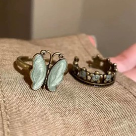 Frenflu Women's Ring, 2-piece Set, Fashion Ring, Silver Ring, One Size Fits Most, Plated Ring, Unisex, Stylish, Ring, Set, Continuous Ring, Butterfly, Flower, Adjustable Size, Gift, /