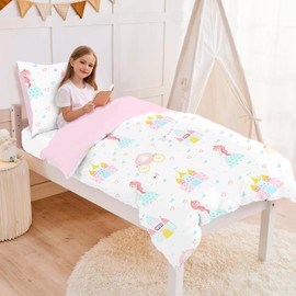 CINYE Children's Girls Kawaii Bed Linen 135 x 200 cm Reversible Bed Linen with 80 x 80 cm Pillowcase 3D Printed Princess Heart Pattern Microfibre Pink Bed Linen with Zip