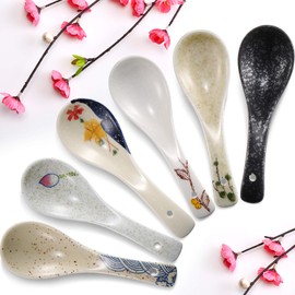 DZHJKIO 6 Pieces Japanese Retro Soup Spoons Ceramics Soup Spoons Japanese Style Rice Spoon Flatware Asian Chinese Serving Spoons Appetizers Tableware Meal Partner for Tasting