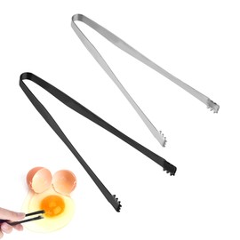BOXOB Pack of 2 Tongs for Removing Egg Shell Fragments, 6 Inch Serrated Design Tongs Removal of Egg Shell Fragments, Stainless Steel Multi-Purpose Kitchen Tool for Cooking Food (Black, Silver)