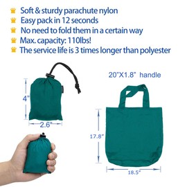 Browint Nylon Reusable Grocery Bags Set of 3, Parachute Nylon Shopping Bags Folded into Attached Pouch, Heavy Duty Tote Bags, Max. Hold 110 lbs, Washable Lightweight Extra Large 19"x 19"