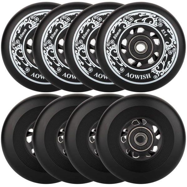 AOWISH Inline Skate Wheels 85A Outdoor Asphalt Formula Hockey Roller Blades Replacement Wheel with Bearings ABEC-9 and Floating Spacers (8-Pack) (Black, 80mm)