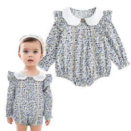Simplee kids Baby Girl's Romper Floral Print Summer Onesie Peter Pan Collar Button Ruffled Edge Baby Girl Clothes 6-12M