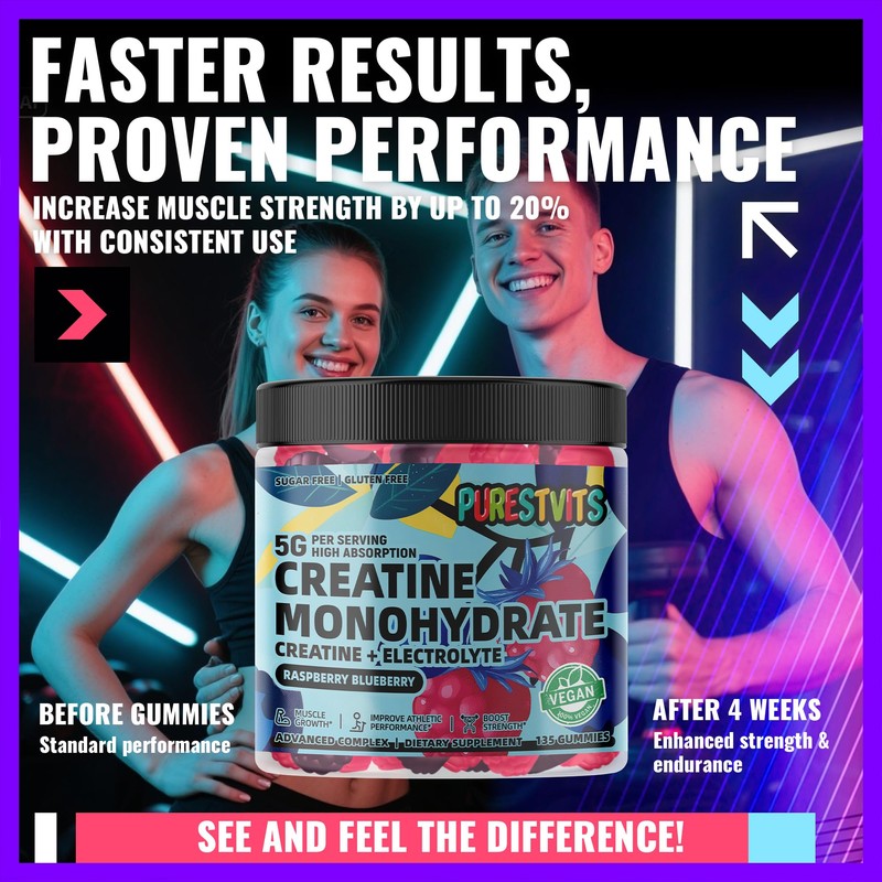 PURESTVITS Creatine Monohydrate Gummies (5g) – Pre-Workout Energy & Muscle