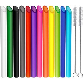 NINU 12-Pack Reusable Plastic Boba Straws, 10.5 inch Long 13mm Wide Bubble Tea Straws for Smoothie Tapioca Pearls with Cleaning Brush-Pointed Design
