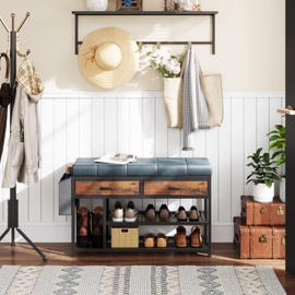 MUTUN 35.5'' x 23'' Storage Bench, 3-Tier Entryway Bench with Padded Cushion Drawers and Storage Bag, Metal Shoe Racks and Storage Ottoman for Entryway Bedroom Living Room, Blue