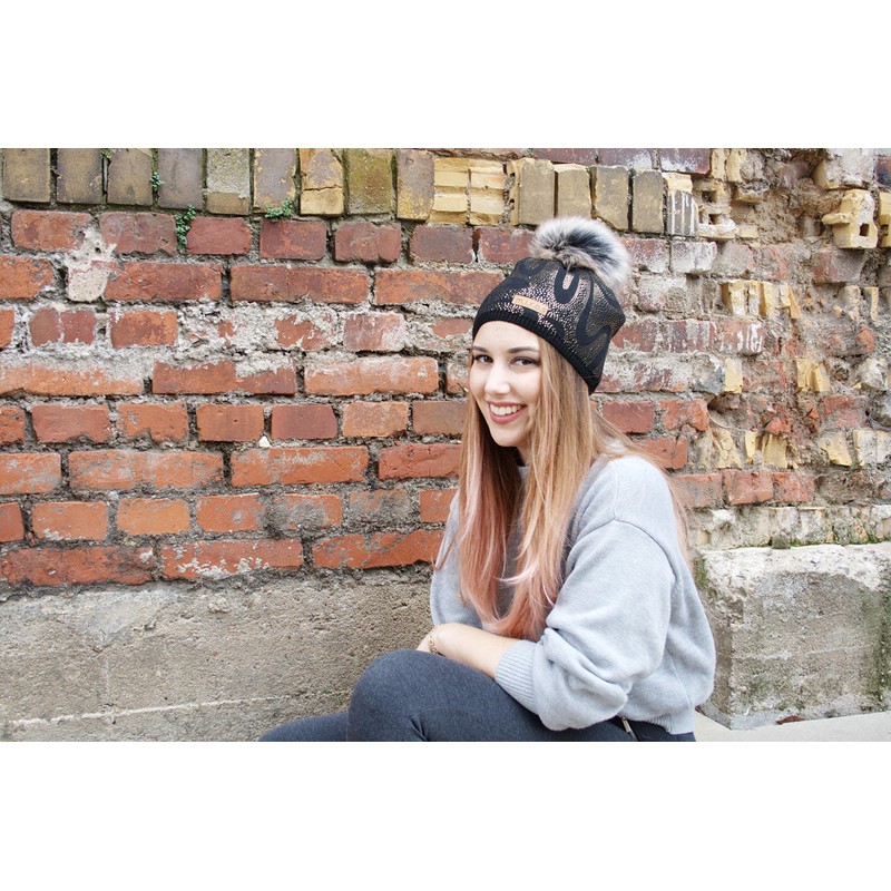 Linette Women's Winter Hat Black with Gold Print Handmade Hat,