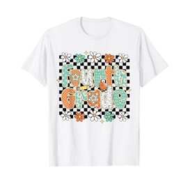 Floral Teacher First Day of School 4th Grade Girly Checkered T-Shirt