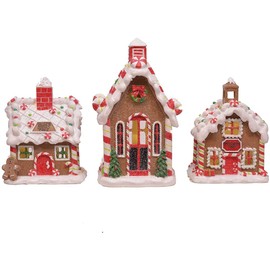 Mark Feldstein & Associates Gingerbread Village Red 6 inch Porcelain Holiday Tea Light Figurines Set of 3