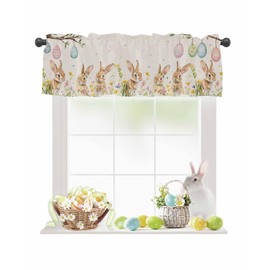 JasmineM Easter Egg Rabbits Valances Curtains for Windows, Easter Decorations Rod Pocket Kitchen Valance Scarf for Living Room/Bedroom/Bathroom, 54x18in, Spring Flowers Bunnys