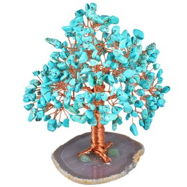 mookaitedecor Green Howlite Turquoise Crystal Tree with Agate Slice Geode Base Money Tree Desk Home Decoration for Wealth and Luck 5"-6"