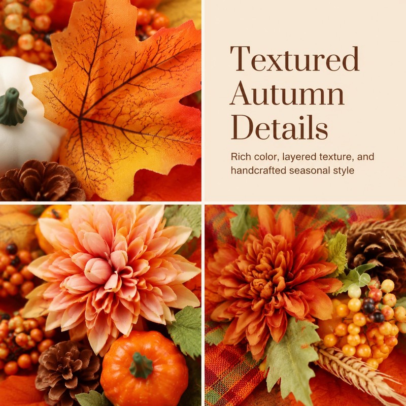 24 Inch Fall Wreath for Front Door, Autumn Harvest Farmhouse