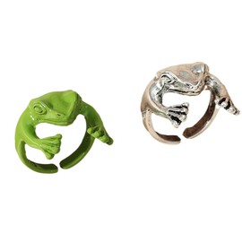 Kysin Chiys 2 Pcs Green Silver Frog Open-Rings for Women Cute Colorful Frog Animals Aesthetics Jewelry for Birthday/New Year/Christmas Gifts (Green+Silver)