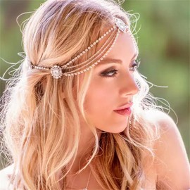 Rhinestone Headband for Women Girls Wedding Hair Band Vintage Retro Crystal Forehead Chain Accessories Jewelry for Bride Bridesmaid(Gold)