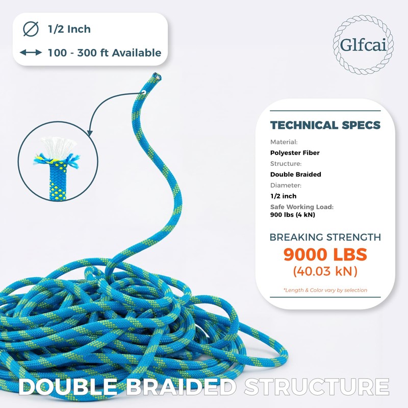 Glfcai 1/2 Inch Arborist Rigging Rope (150 Ft) | 9,000