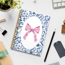 RUNMESS Pink Coquette Bows Spiral Journal Notebook 5.5×8.3,Blue and White Spiral Notebooks for Women,Chinoiserie Spiral Notebook,Pink Bows Journaling Notebooks 160 Pages