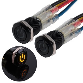 JIQI 2 x 12 mm Momentary Waterproof Pressure Switch 12 V to 24 V 2 A IP66 Button with LED Lighting Black Metal Housing Momentary Push Button with Connecting Wires for Car DIY Car Motorcycle (Yellow)