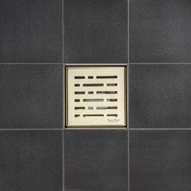 SereneDrains 304 Stainless Steel 4 Inch Square Brushed Gold Shower Drain Kit Brass for Tile Floor Drain Grate Cover Hair Catcher Trap Strainer Filter (Matte Gold, Broken Lane Design)