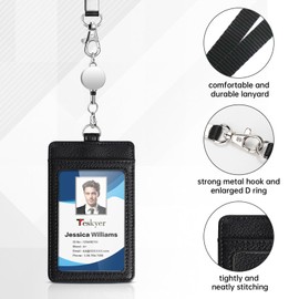 Teskyer Microfibre Leather ID Card Holder with Strap - Retractable ID Card Holder for 2 Cards, Transparent Window, Vertical, Black