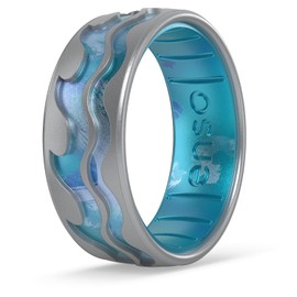 Enso Rings Etched Classic Silicone Rings - Comfortable and Flexible Design - 8mm Wide, 2.16 Thick - Swell - Silver/Deep Sea - Size 8
