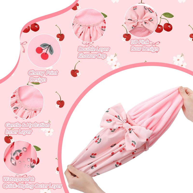 Cherry Shower Cap for Women Terry Lined Shower Cap