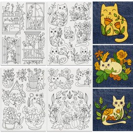 DOODLREAM 20Pcs Cat Playing in Flowers Embroidery Pattern Stabilizer, 8.3”x11.7” Cartoon Kitten Water Soluble Stick and Stitch Embroidery Sticker, 4 Sheets Hand Sewing DIY Embroidery Transfer Paper