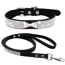 haoyueer Haoyueer Cute Dazzling Sparkling Elegant Fancy Soft Suede Leather Bling Rhinestone Crystal Jeweled Pet Cat Dog Puppy Collar Dog Leash Combo Set (XS, Black-4)