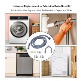Extendable Washing Machine Hose, Drain Pipe Replacement or Extension Kit, Universal Dishwasher Washing Machine or Dryer Waste Pipe (2.5m)(19mm/22mm ends), Hose Pipe Connector, Hose Clips and Hose Hook