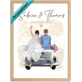 SpecialMe® Poster Wedding Bride and Groom with Car Figures Names Date Adjustable Wedding Gift White