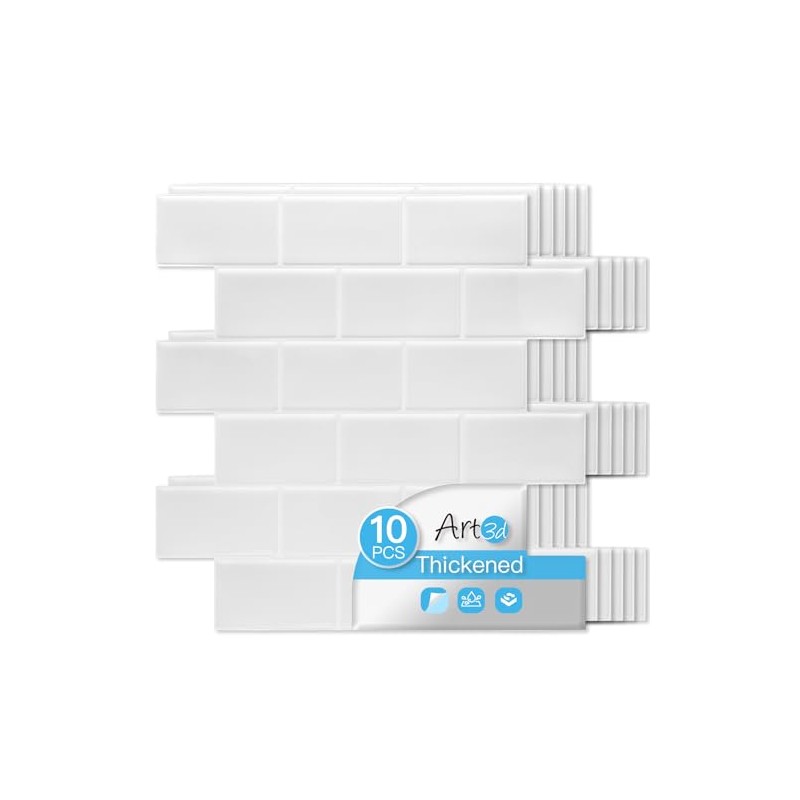 Art3d Peel and Stick Backsplash Tiles – 12"x12" White Washed