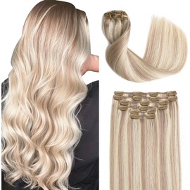 Sindra Clip-In Real Human Hair Extensions, Remy Clip-In Hair Extensions, Natural, 55 cm, 6 Pieces, 120 g, Ash Blonde with Platinum Blonde, C18P613, 22 Inches