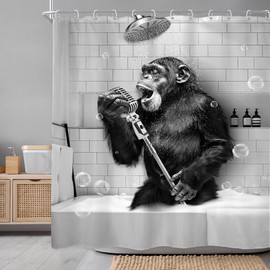 Newsely Funny Monkey Shower Curtain, 72"W x 72"H, Black and White Animal Chimpanzee Singing in the Bathtub for Men Kids Boys Shower Curtain Bathroom Set Modern Cool Waterproof