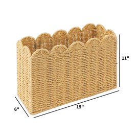 Paper Rope Magazine Holder with Scalloped Edge – Handwoven Floor Rack for Books, Newspapers, Mail & Files – Decorative Magazine Basket for Bathroom, Living Room, Office