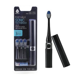 PURSONIC - Cepillo para polvo de dientes sónico portátil, funciona con pilas, incluye 3 cabezales de cepillo para polvo, 22.000 golpes por minuto, negro