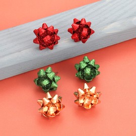 HZEYN 12 Pairs Christmas Bow Earrings Gold Silver Red Green Polished Glitter Gift Bow Santa Earrings for Women Gift (12 Pairs Stud)