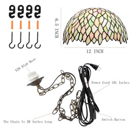 HWDFEI Tiffany Pendant Light Plug in Stained Glass Hanging lamp 12X12X181 Inch Hanging Lamp Living Room Bedroom Kitchen Dining Room Office(Seven Color Wisteria)